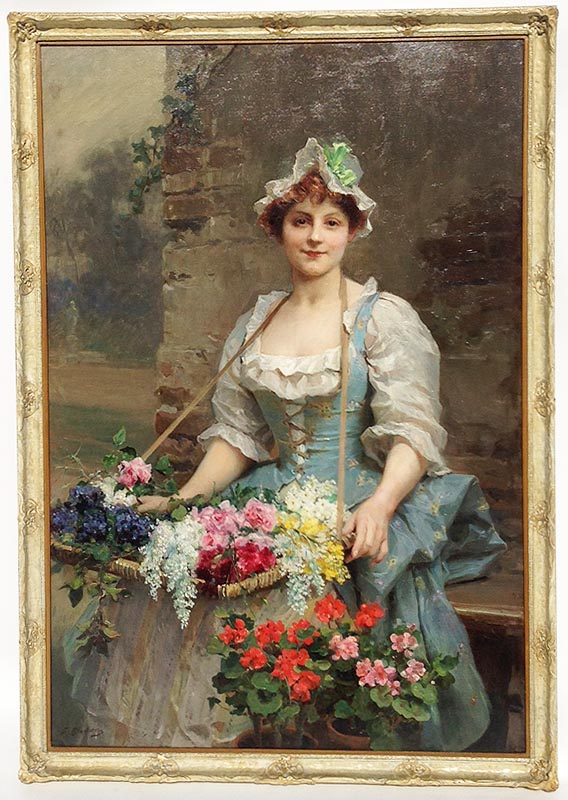 A Fine and Large 19th Century Oil on Canvas Titled "The Flower Seller