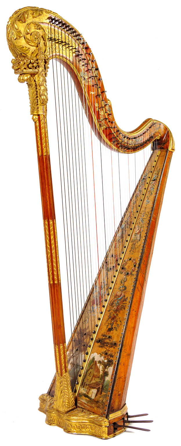 A Very Fine French Louis XVI Period Carved, Gilt and Hand Painted Wooden  Harp by Jean-Henri Naderman (Swiss, 1735-1799). The ornately carved body  with acanthus leaves and painted with flowers, ribbons, musical
